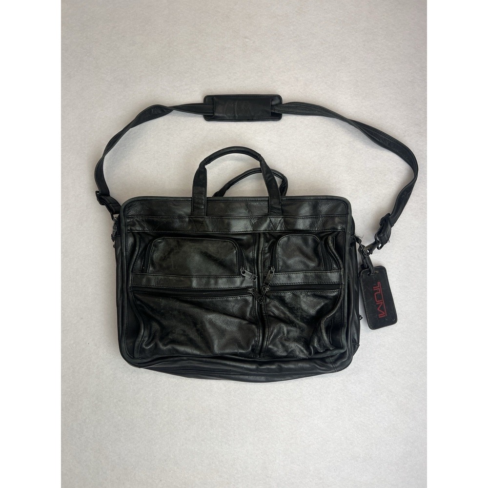 Tumi Black Leather Alpha Expandable Organizer Computer‎ Briefcase Bag Patina